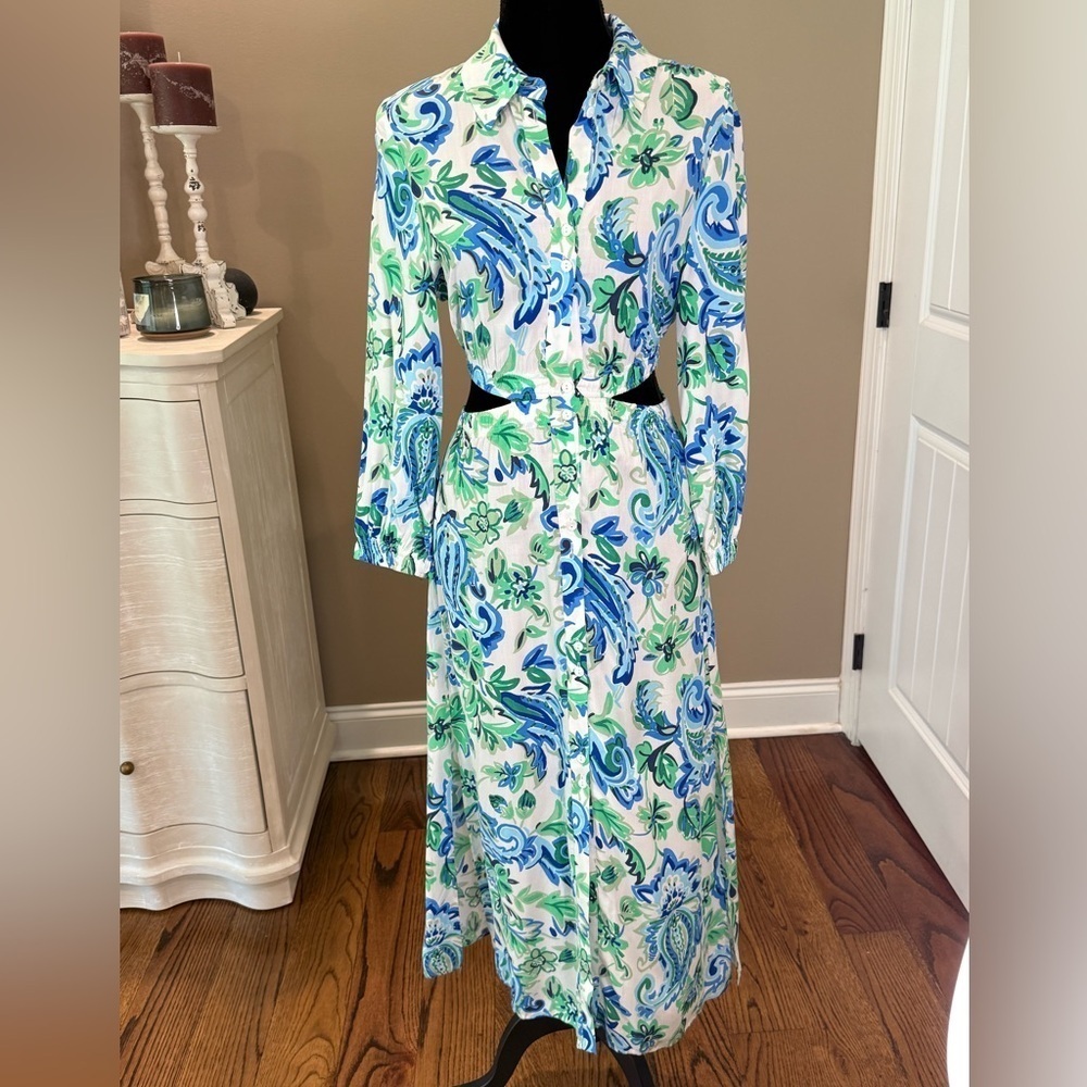 NWT Women’s ZARA Blue/Green paisley cutout midi button down dress- Size XS - Picture 4 of 11
